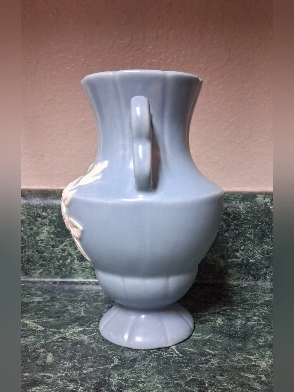 Vintage Weller Pottery Flower Vase Blue w/White Cameo Flowers 7.25